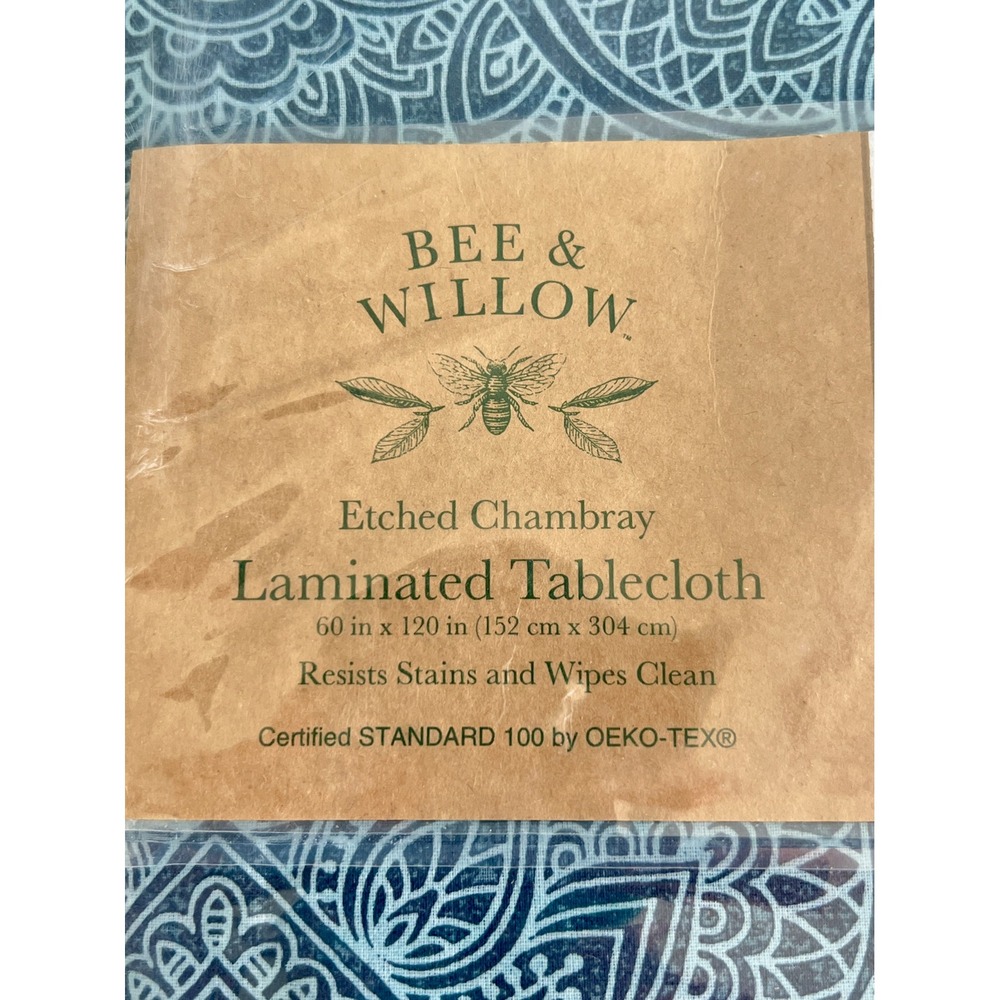 Bee & Willow Etched Chambray Laminated Tablecloth 60x120 Teal Blue Mandala Oval